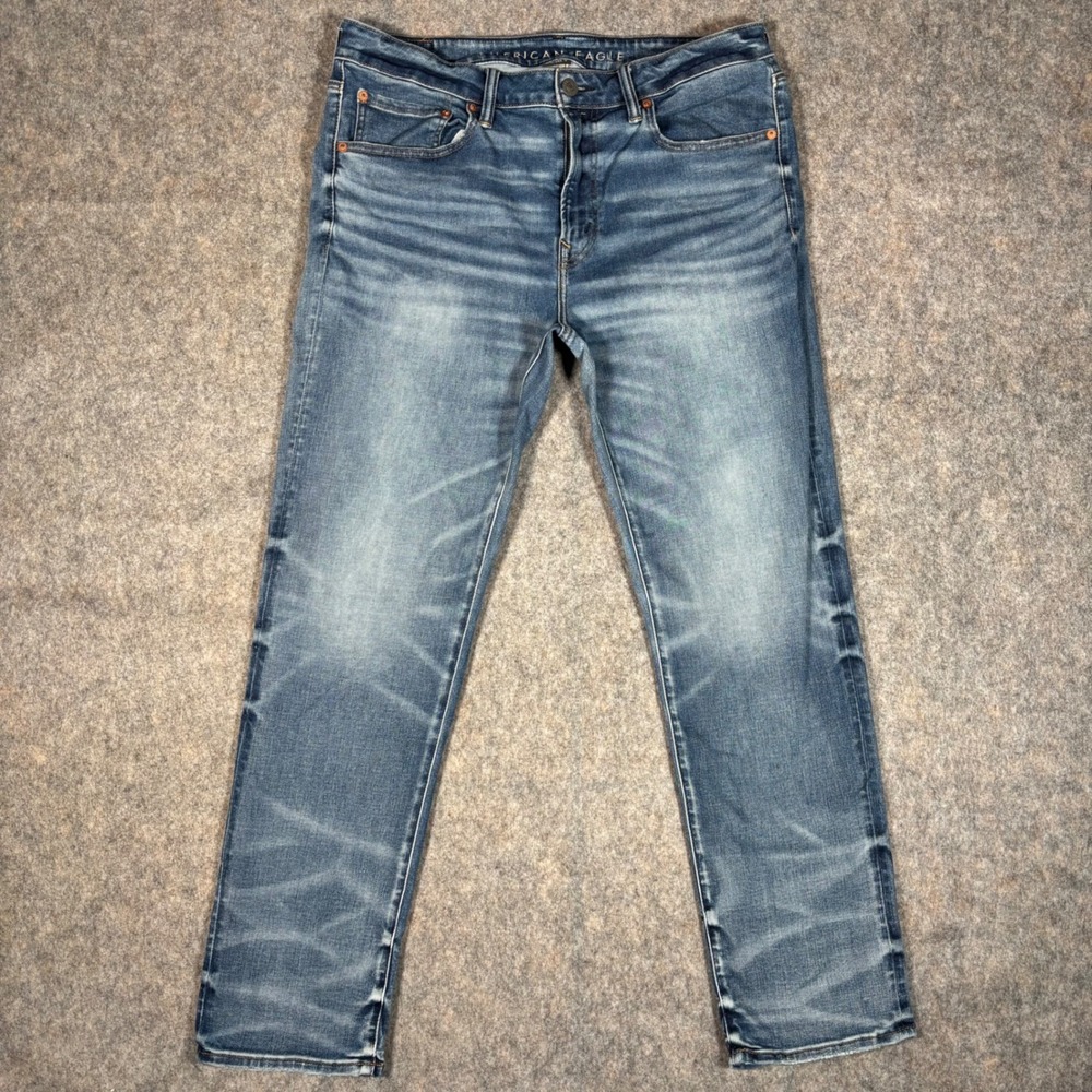 American Eagle Airflex+ Slim Jeans Mens 34x32 (35x31) Medium Blue Faded Whiskers
